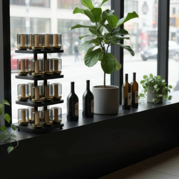 A black three-tier candle holder filled with gold and clear glass candles sits on a black windowsill beside a potted fiddle-leaf fig plant, wine bottles, and a small green plant, with a blurred city street visible outside the window.