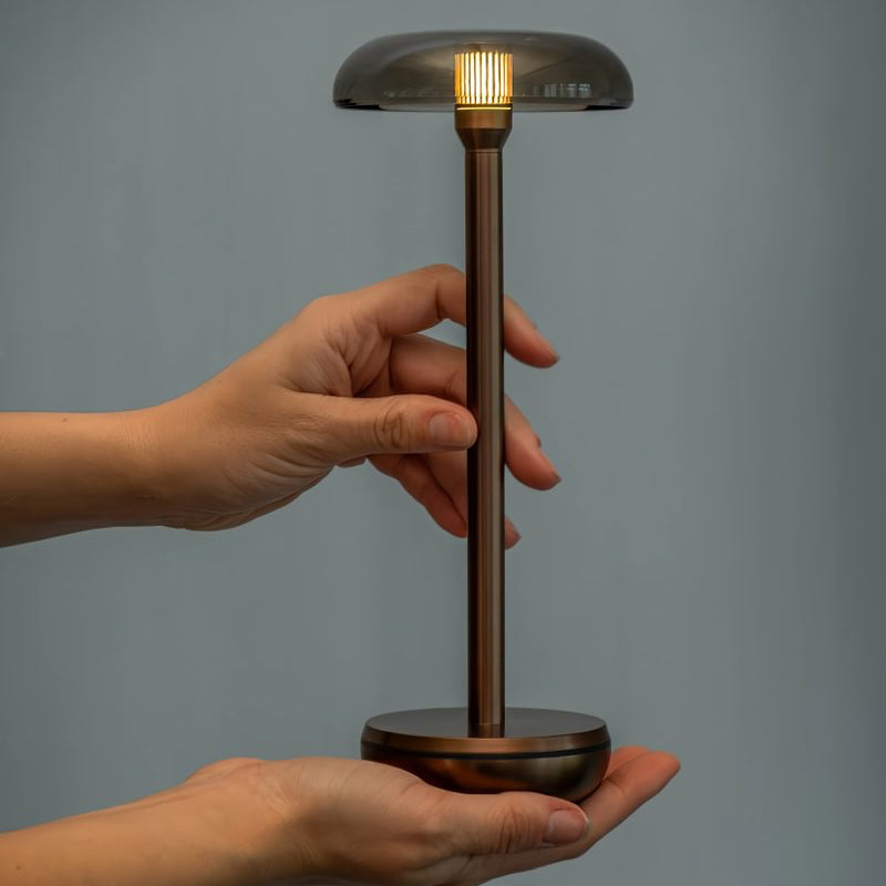 A small table lamp with a dark bronze metal finish, featuring a mushroom-shaped shade, a slim stem, and a circular base, shown being held by two hands against a solid gray background.