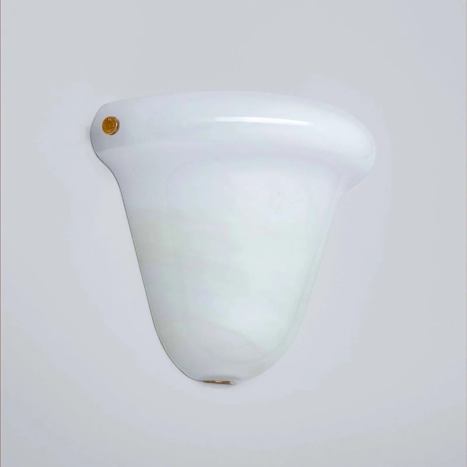 A vintage-style white glass wall sconce with a flared, bell-shaped shade and a small gold screw detail on the left side, shown against a plain light gray background.