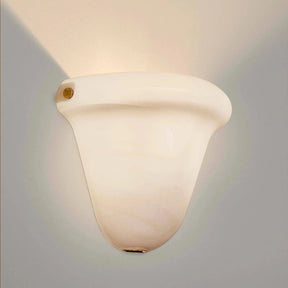 A modern wall-mounted sconce with a curved, bell-shaped frosted glass shade, shown illuminated against a neutral gray background.